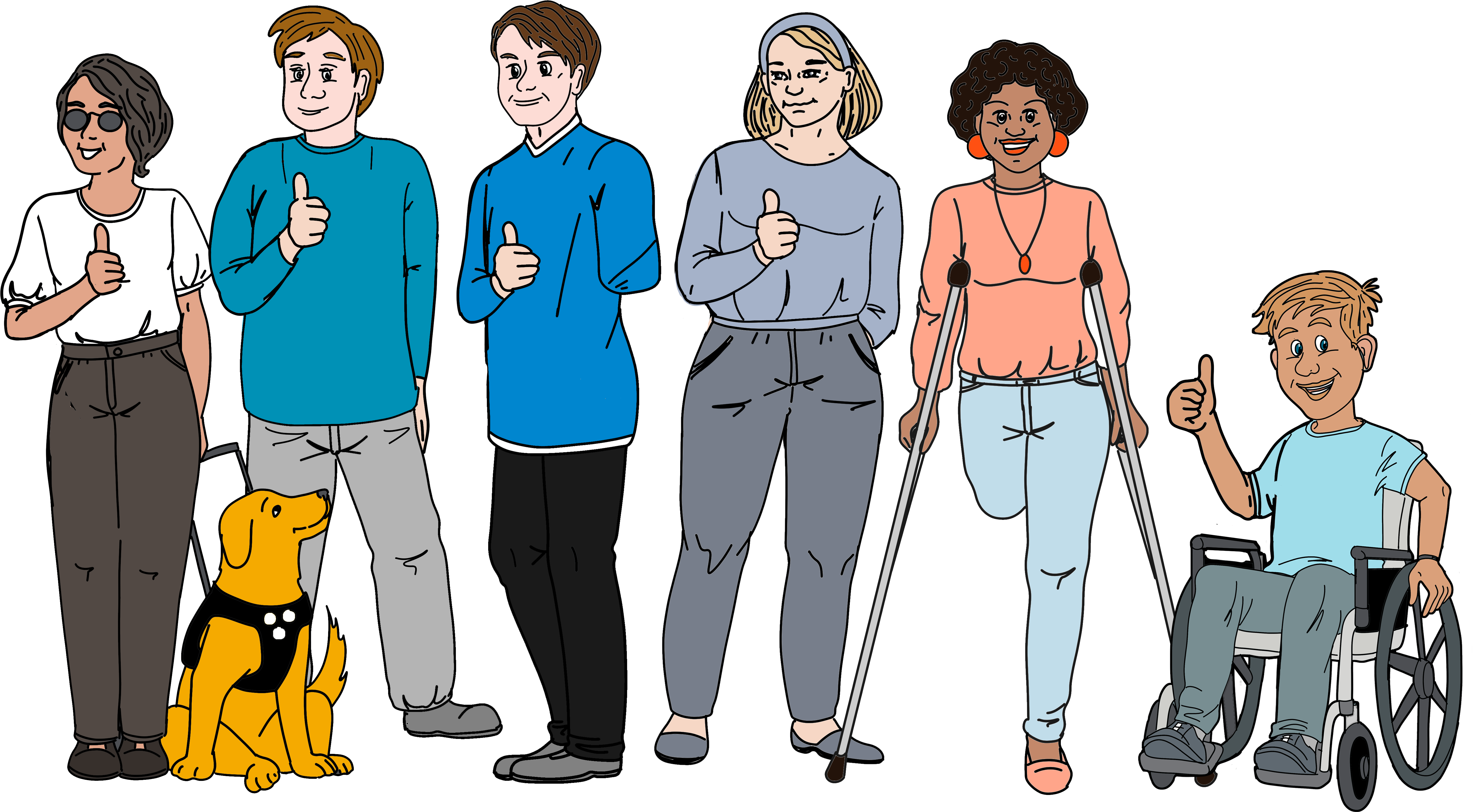 6 Menschen mit sichtbaren und unsichtbaren Behinderungen. Sie lächeln und zeigen einen Daumen hoch.