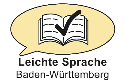 Logo Leichte Sprache Baden-Württemberg: Sprechblase mit einem aufgeschlagenen Buch und einem Haken